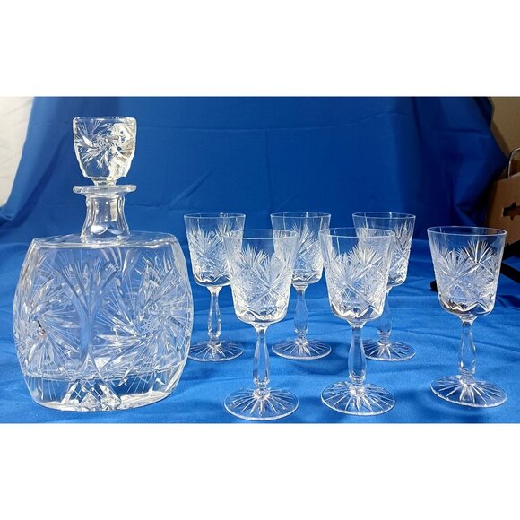 Vtg Bohemian Cut Lead Crystal Decanter 6 Wine Sherry Cordial Glasses Set - Picture 6 of 16